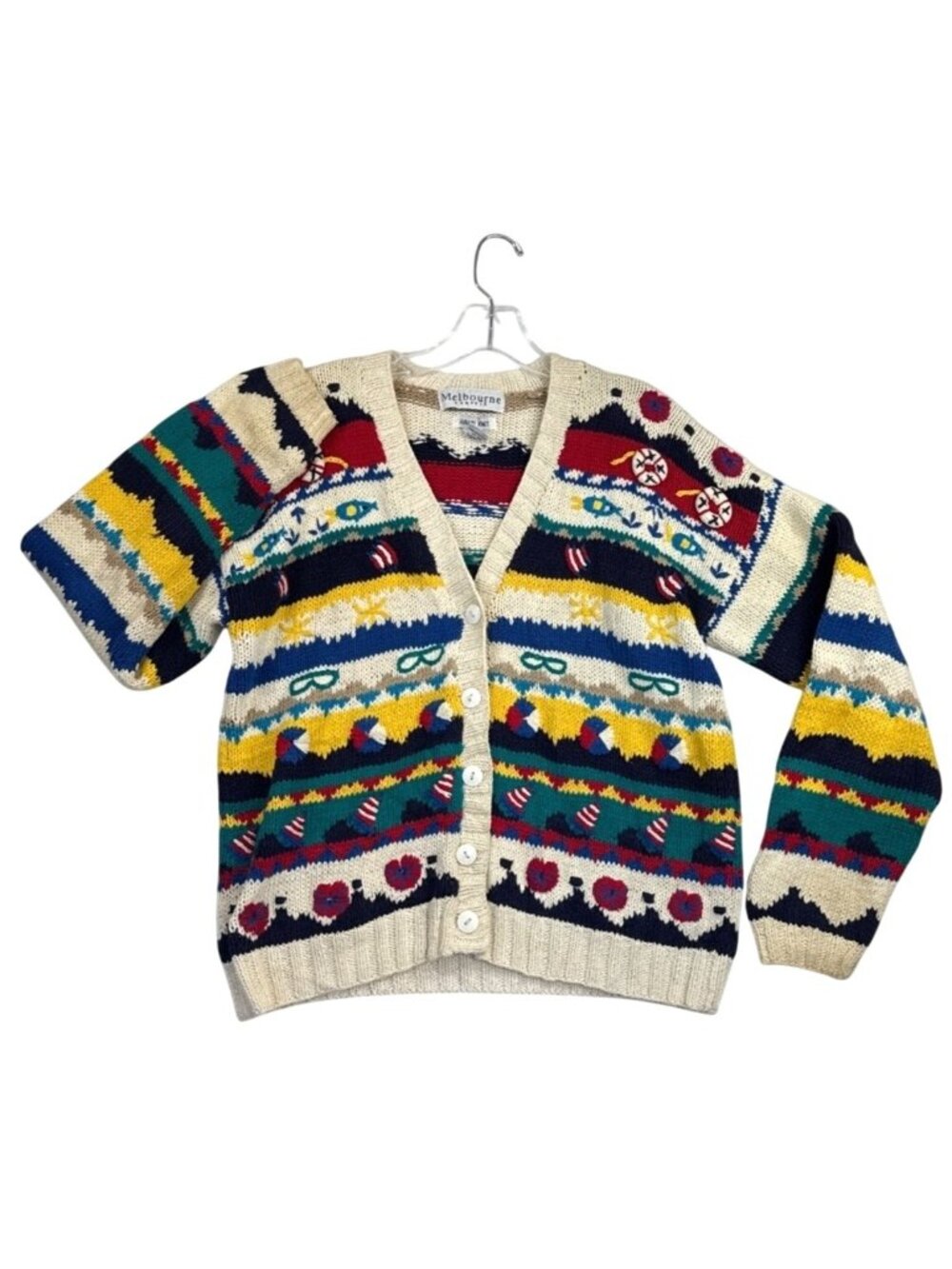Vtg Melbourne Classix Hand Knit Summer Themed Coastal Grandma Cardigan Womens M
